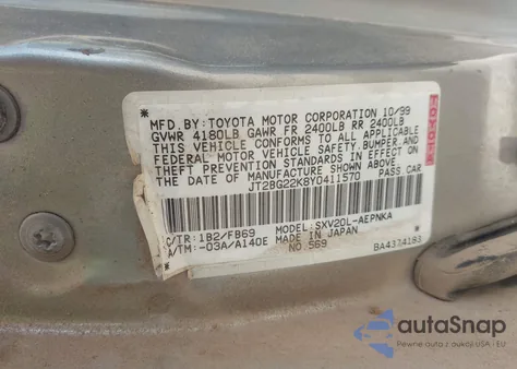 2000 Toyota Camry Le from USA, damaged, VIN JT2BG22K8Y0411570